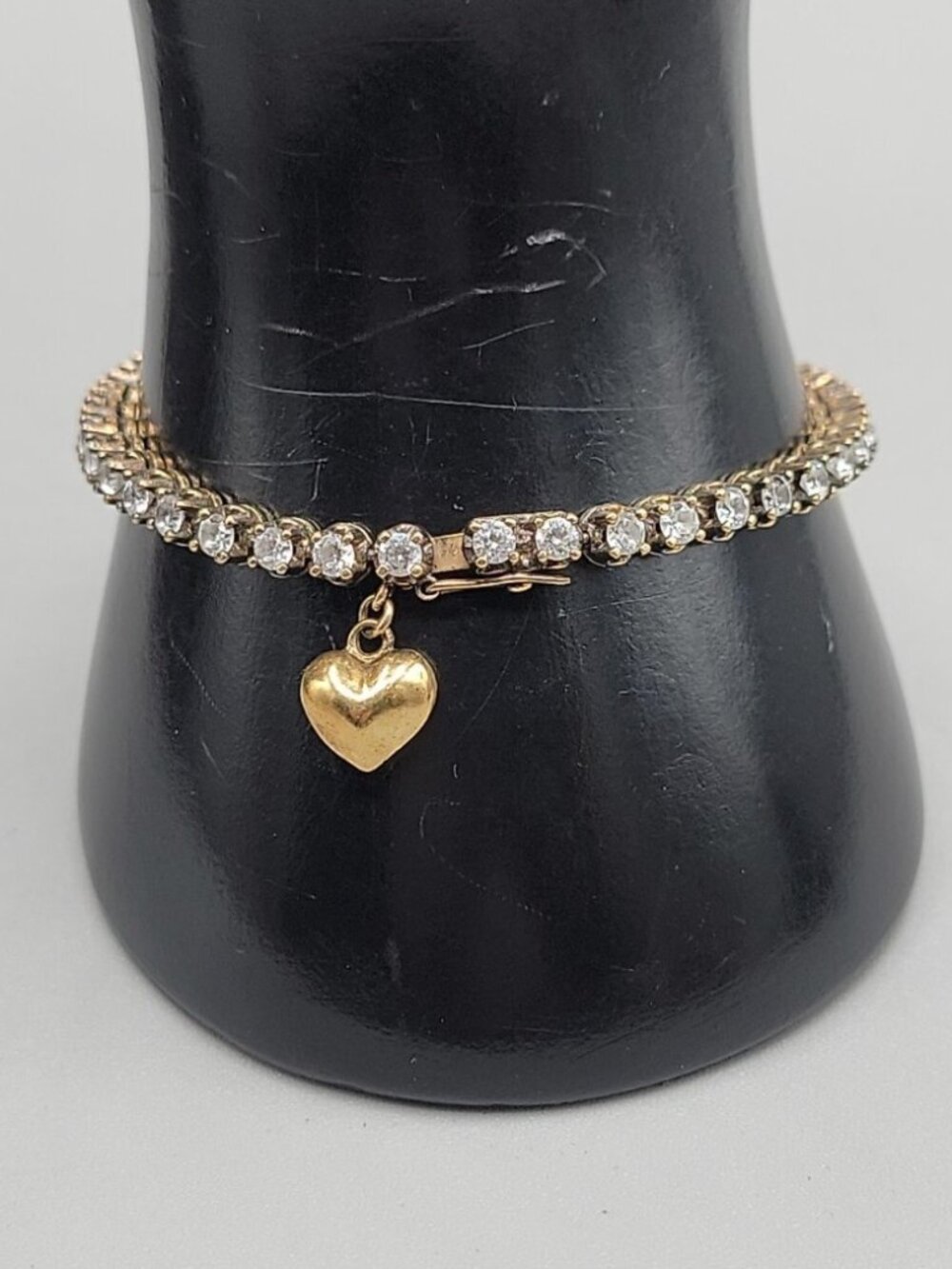 FM 87 Sterling Silver Vermeil White Topaz Tennis Bracelet Heart Charm 6.75"